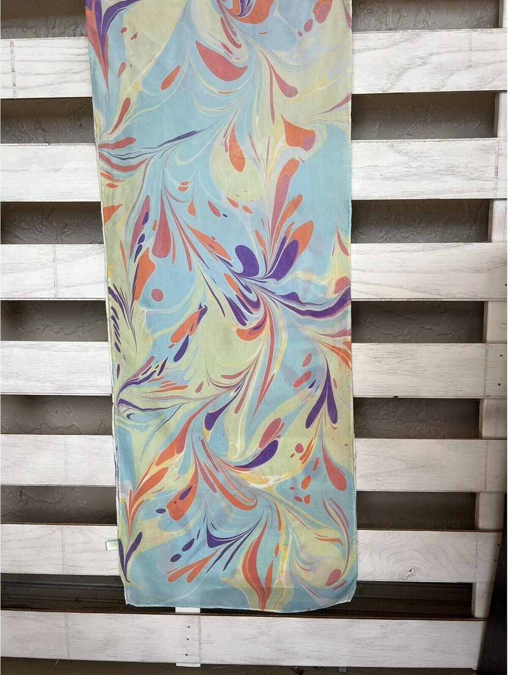Women's Silk Rectangle Pastel Blue Orange Scarf Size 68”x14”